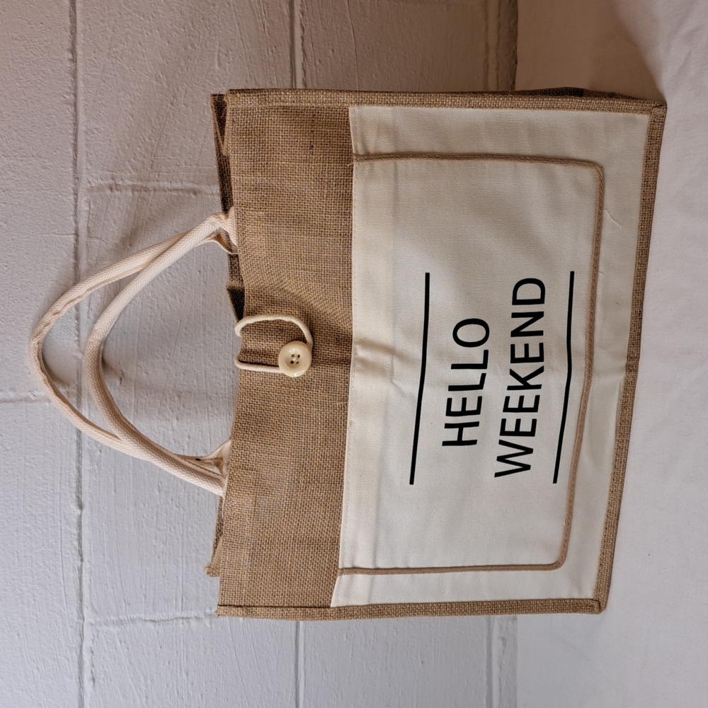 Hello Weekend Boho Trendy Burlap Fun Tote Bag NWOT